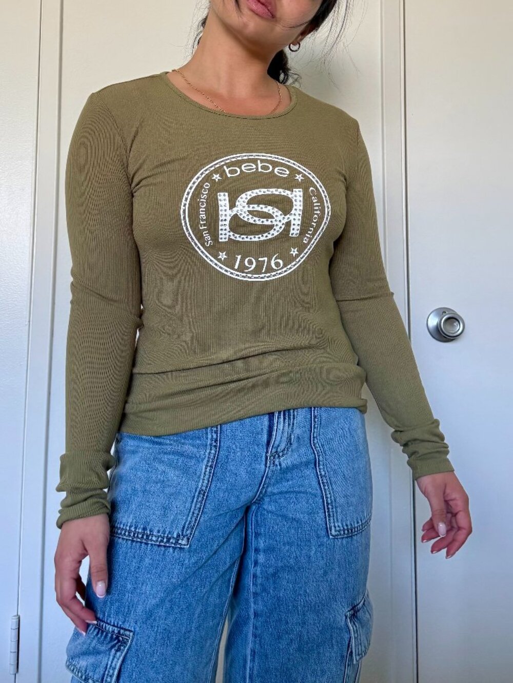 vintage bebe long sleeve army green top